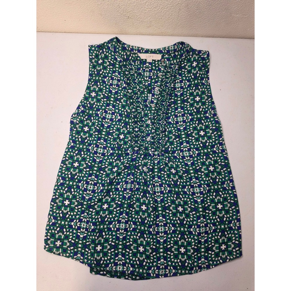 Loft Womens Small Green Blue Geometric Mosaic Ruffle Button Sleeveless Blouse